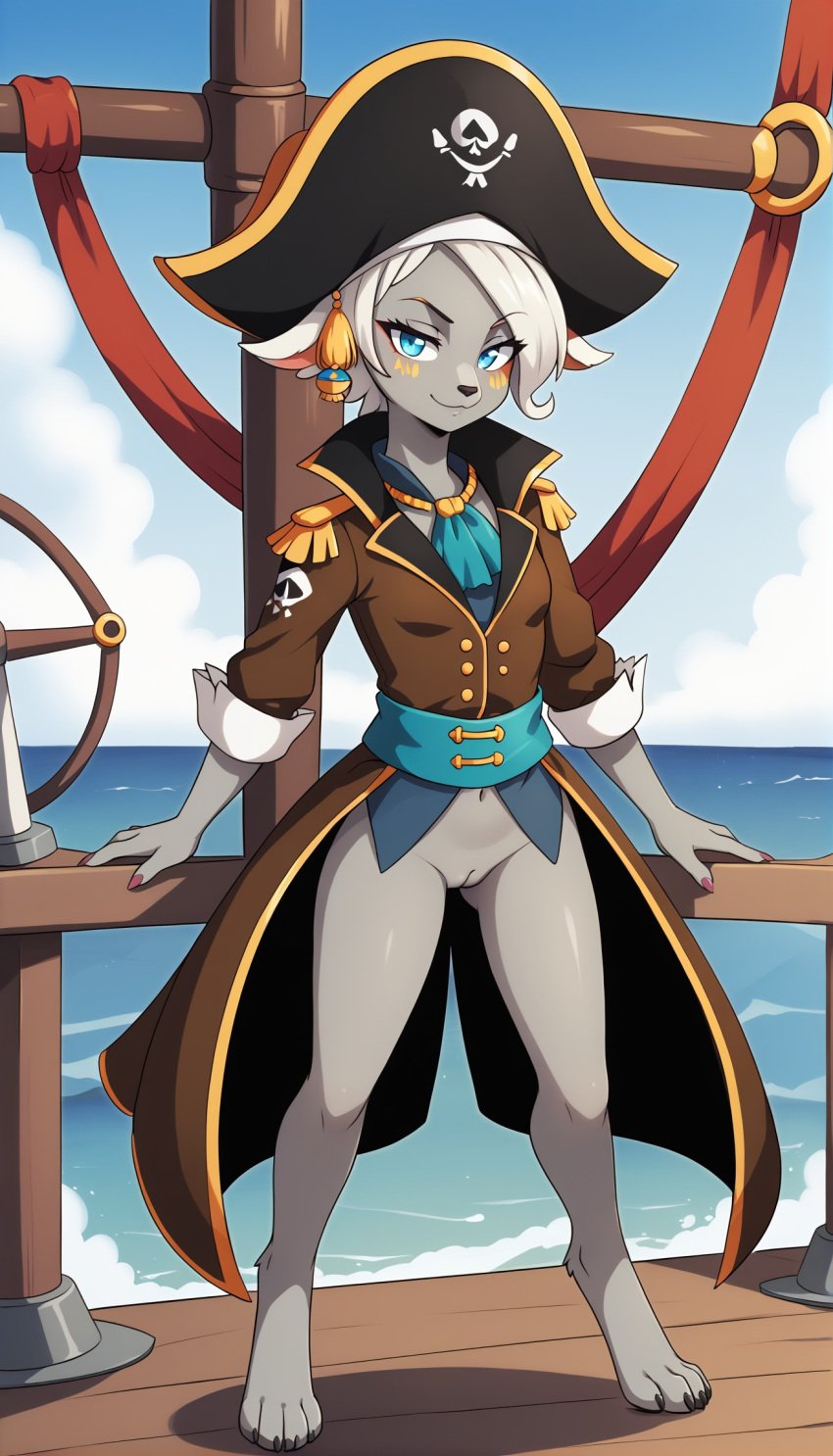 1girls 2024 ai_generated anthro blue_eyes bottomless bottomless_female digitigrade female female_only grey_body hi_res innie_pussy looking_at_viewer mineru nintendo on_ship outdoors pirate pirate_hat pirate_ship pussy sea short_hair smile the_legend_of_zelda the_legend_of_zelda:_tears_of_the_kingdom white_hair zonai