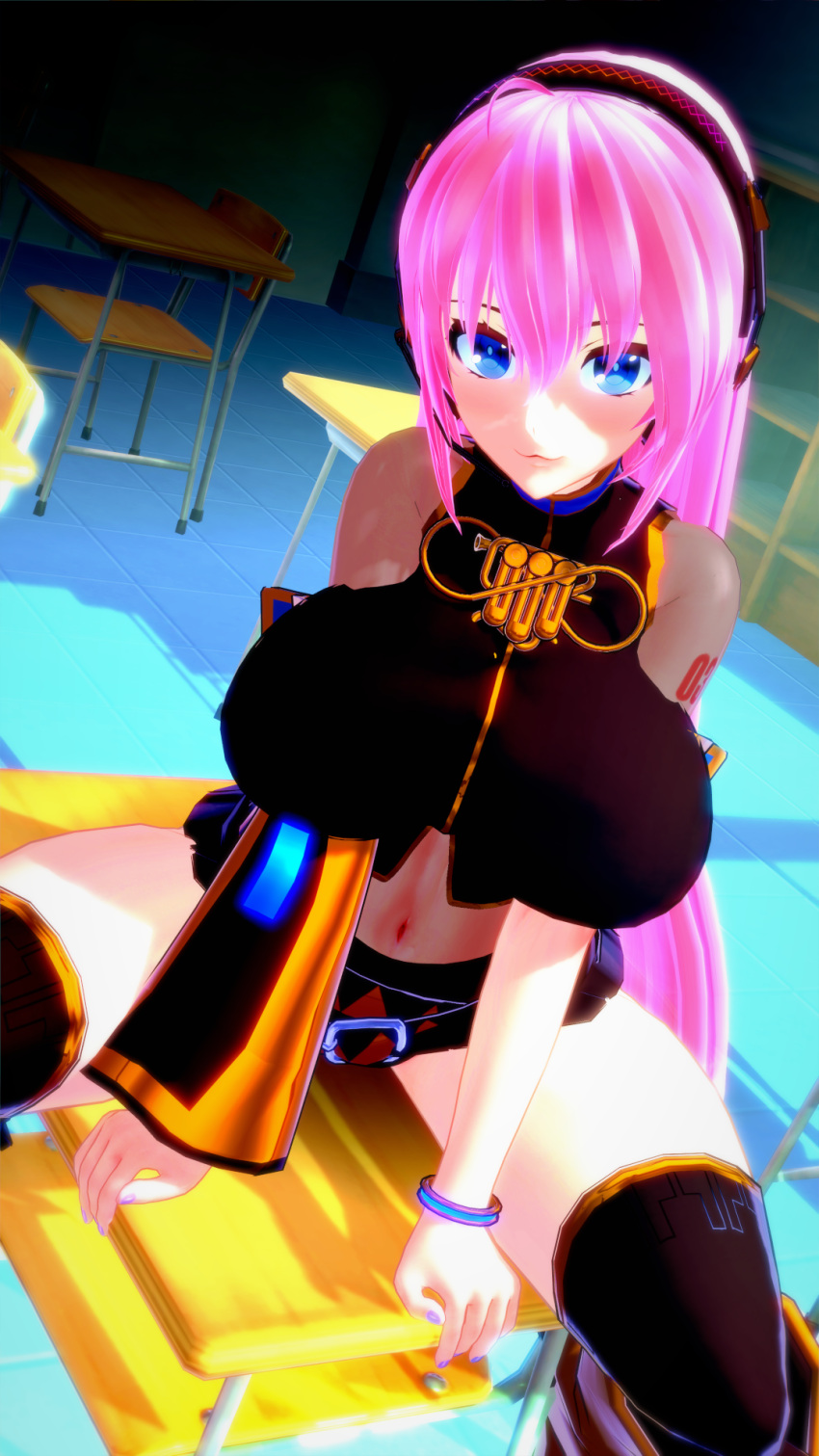 3d 3d_(artwork) 3d_model blue_eyes clothed huge_breasts long_hair megurine_luka on_table pink_hair pov thick_thighs vocaloid