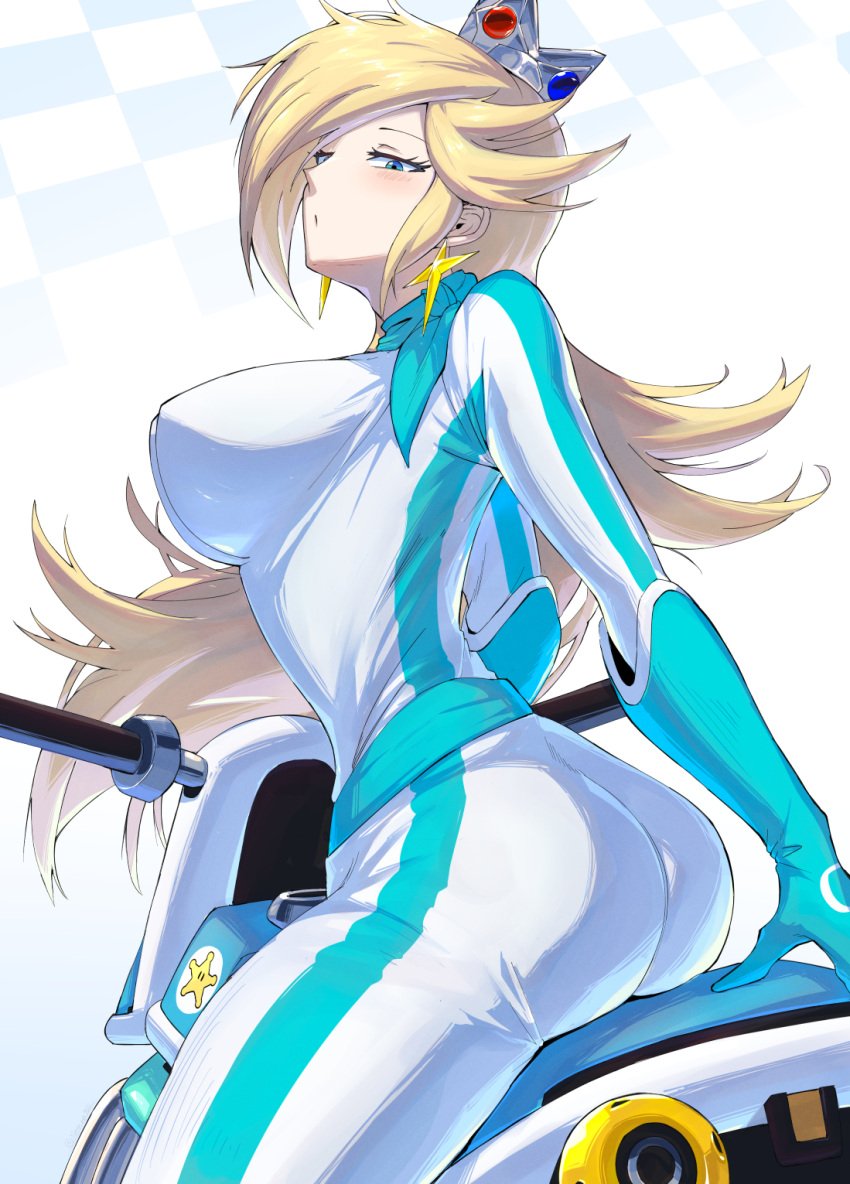 1girls ass ass_focus bikesuit blush bodysuit breasts cleavage clothed clothing crown female female_focus female_only hair mario_(series) mario_kart motorcycle nintendo princess_rosalina simure460 super_mario_bros. super_mario_galaxy suzusiigasuki