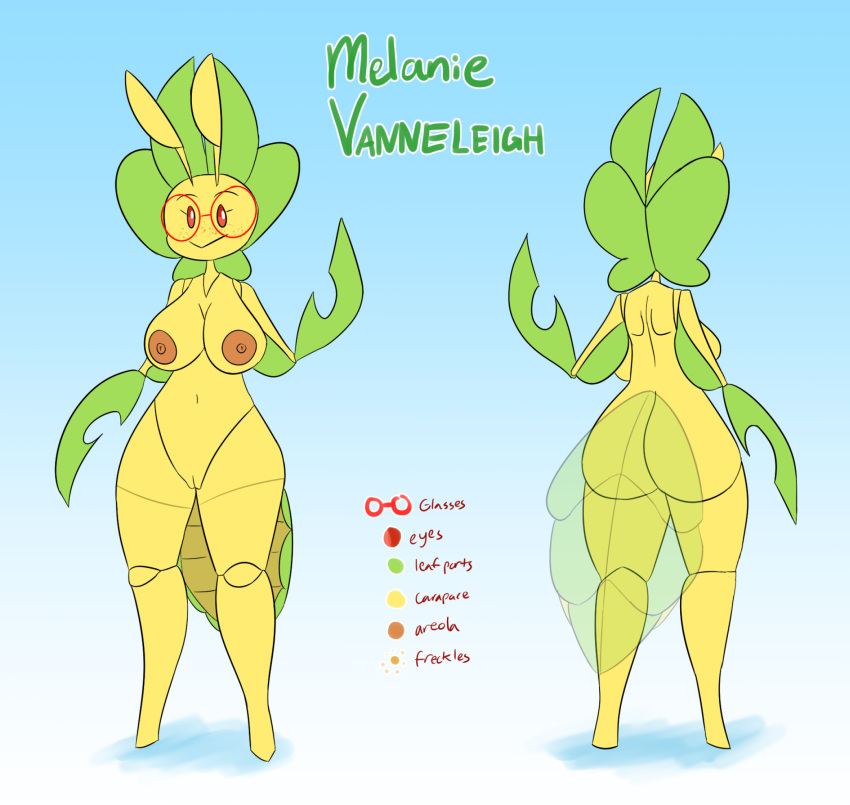 anthro arthropod ass eyewear fan_character female genitals glasses green_body hambor12 hi_res leavanny melanie_(hambor12) model_sheet multicolored_body nintendo nipples pokémon_(species) pokemon pussy simple_background smile solo two_tone_body video_games yellow_body