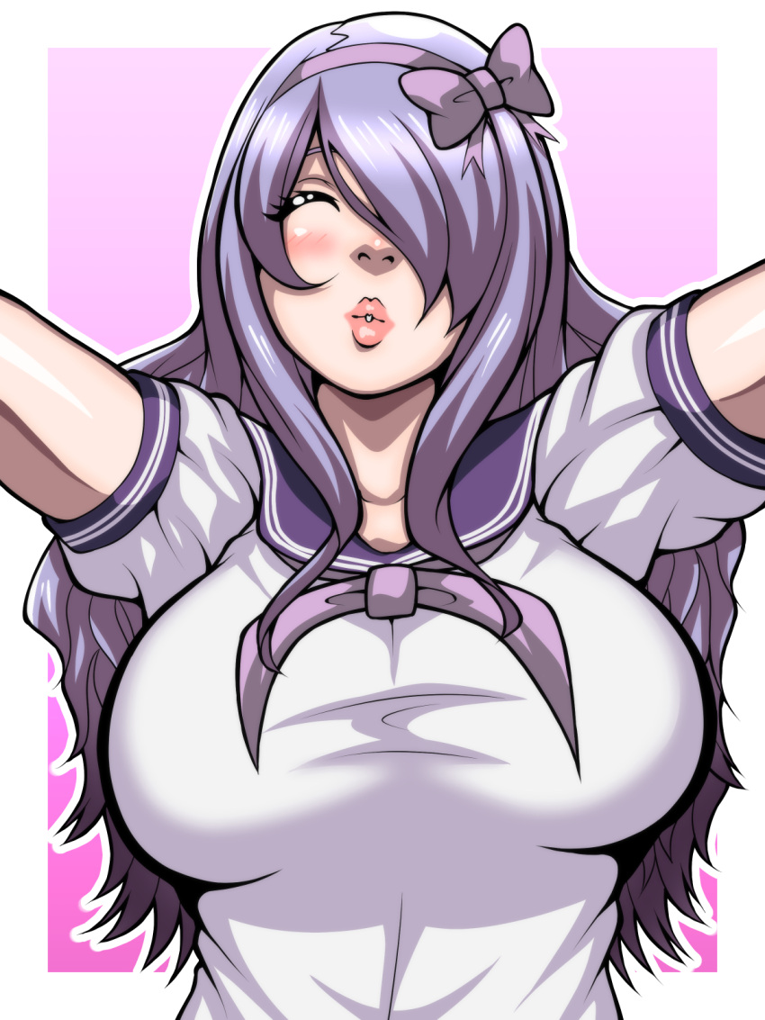 1girls alternate_costume blush bow camilla_(fire_emblem) closed_eyes fire_emblem fire_emblem_fates hair_over_one_eye hug inabakun00 incoming_hug incoming_kiss kissing kissing large_breasts lips long_hair nintendo purple_hair school_uniform schoolgirl smile solo thick_lips