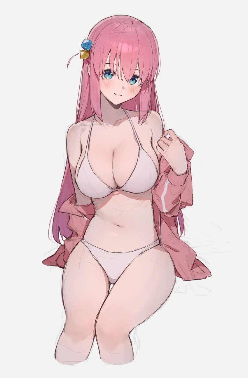 1girls absurd_res absurdres bare_belly bare_chest bare_legs bare_midriff bare_shoulders bare_skin bare_thighs belly belly_button bikini bikini_bottom bikini_top blush blush_lines blushing_female bocchi_the_rock! breasts cleavage collarbone dot_nose female female_focus female_only fingers gotou_hitori groin hair_between_eyes hair_ornament happy head_tilt high_resolution highres hourglass_figure jacket knees large_breasts legs light-skinned_female light_skin long_hair long_legs looking_at_viewer naked naked_female navel nude nude_female pink_jacket pussy school_girl shoulders simple_background sitting slender_body slender_legs slender_waist slim_girl slim_waist smile smiling smiling_at_viewer solo sooon string_bikini student swimsuit swimwear teenager thick_thighs thighs thin_waist tilted_head upper_body v-line white_background white_bikini white_bikini_bottom white_bikini_top white_string_bikini white_swimsuit white_swimwear wide_hips