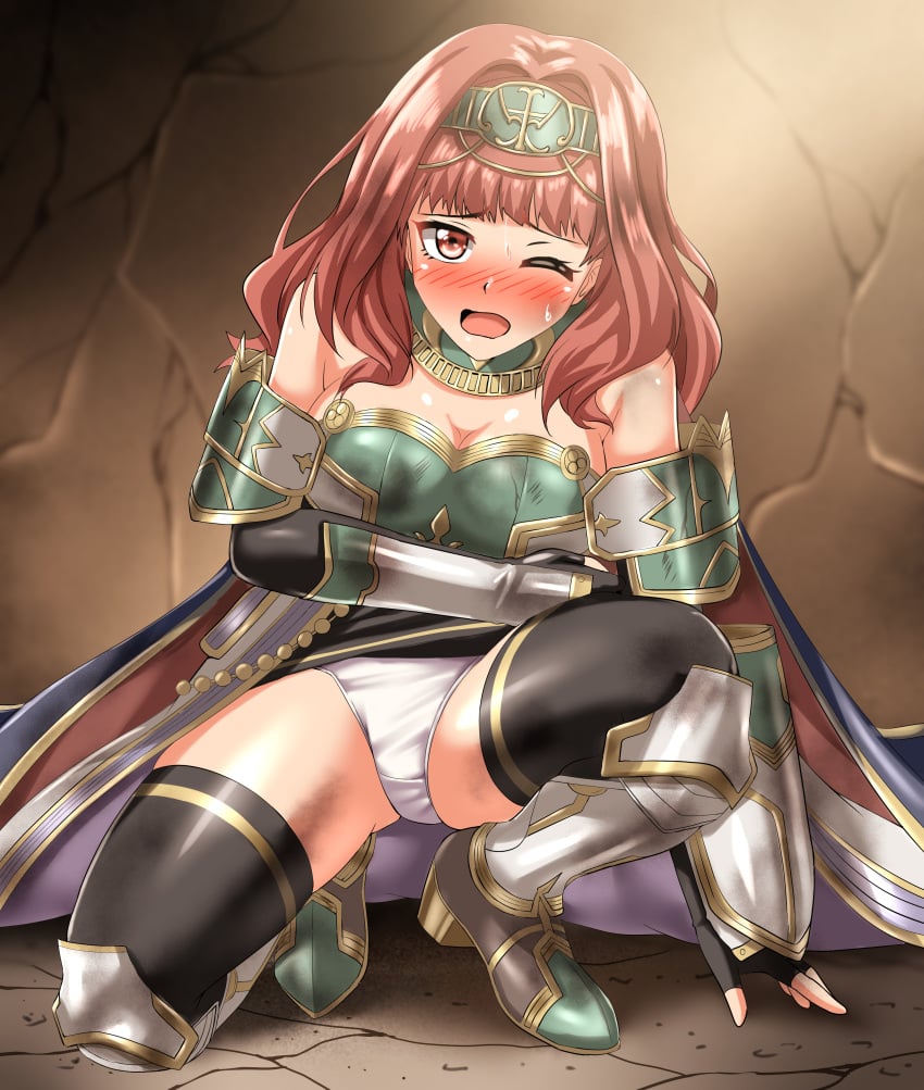 1girls absurdres alternate_costume arm_armor bare_shoulders bare_thighs black_gloves black_thighhighs breasts cape celica_(fire_emblem) celica_(valentia's_hope)_(fire_emblem) cleavage female female_only fingerless_gloves fire_emblem fire_emblem_echoes:_shadows_of_valentia fire_emblem_heroes gloves highres large_breasts leg_armor looking_at_viewer medium_hair nintendo official_alternate_costume one_eye_closed open_mouth panties pantyshot pencil_skirt red_eyes red_hair skindentation skirt solo thighhighs thighs underwear white_panties zanntetu