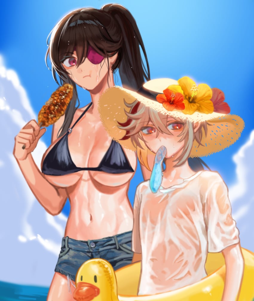 1boy 1girls badamon beidou_(genshin_impact) big_breasts bikini breasts denim eyepatch food genshin_impact hat hi_res kaedehara_kazuha navel shorts taller_girl wet wet_shirt