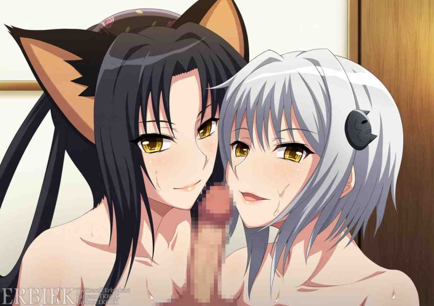 1boy 2girls animal_ears artist_name black_hair cat_ears cat_girl cat_hair_ornament censored closed_mouth collarbone english_commentary erbiek erection ffm_threesome grey_hair group_sex hair_ornament hair_rings hairband high_school_dxd indoors koneko_toujou kuroka_(high_school_dxd) long_hair looking_at_viewer minaisu mosaic_censoring multiple_girls naughty_face nude open_mouth penis pov seductive_smile shimaidon_(sex) short_hair_with_long_locks siblings sisters smile straight threesome yellow_eyes