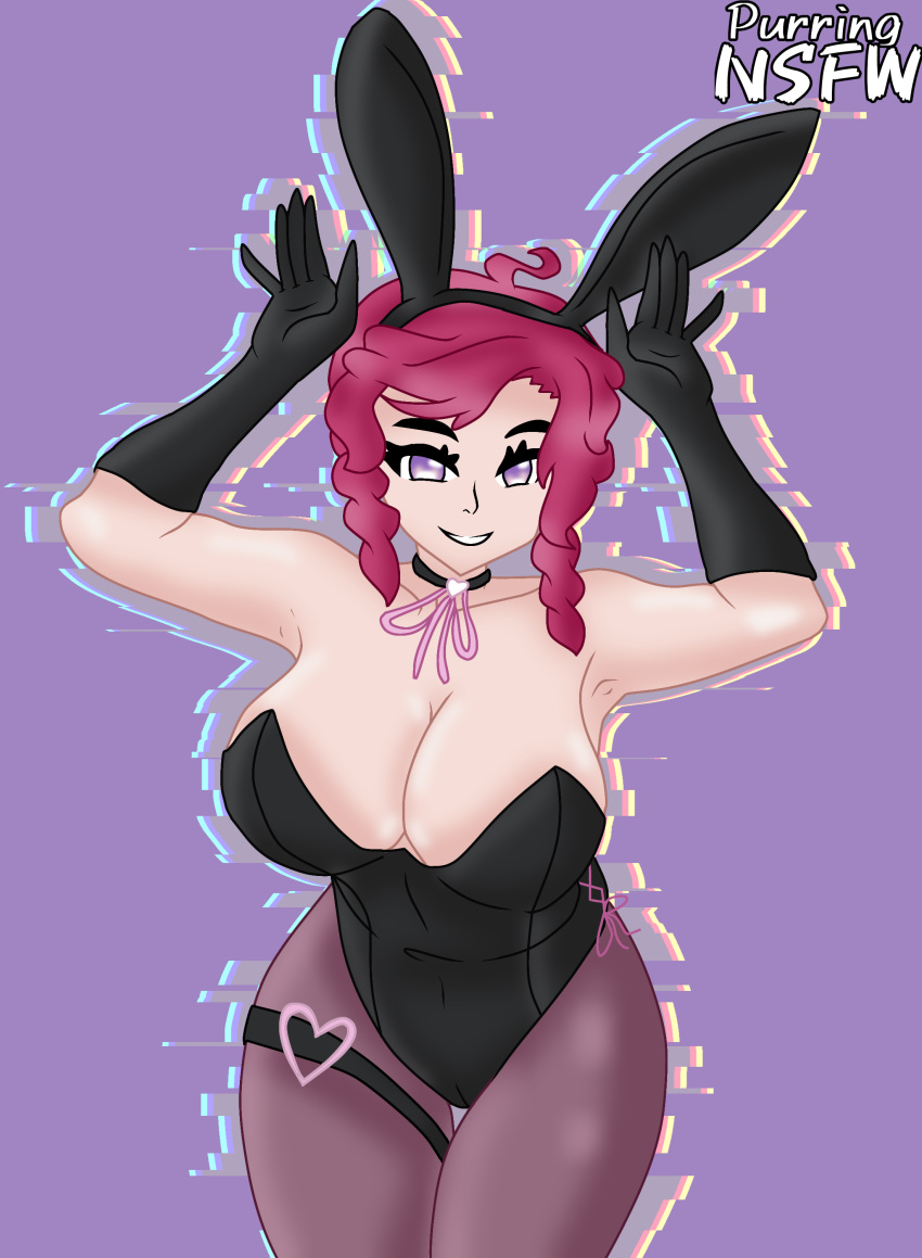 1girls 2d armpits arms_up artist_signature big_breasts breasts bunny_ears bunny_pose bunnysuit choker commission female female_only hi_res highres long_glove looking_at_viewer oc original_character pantyhose purple_eyes purringnsfw red_hair smiling solo