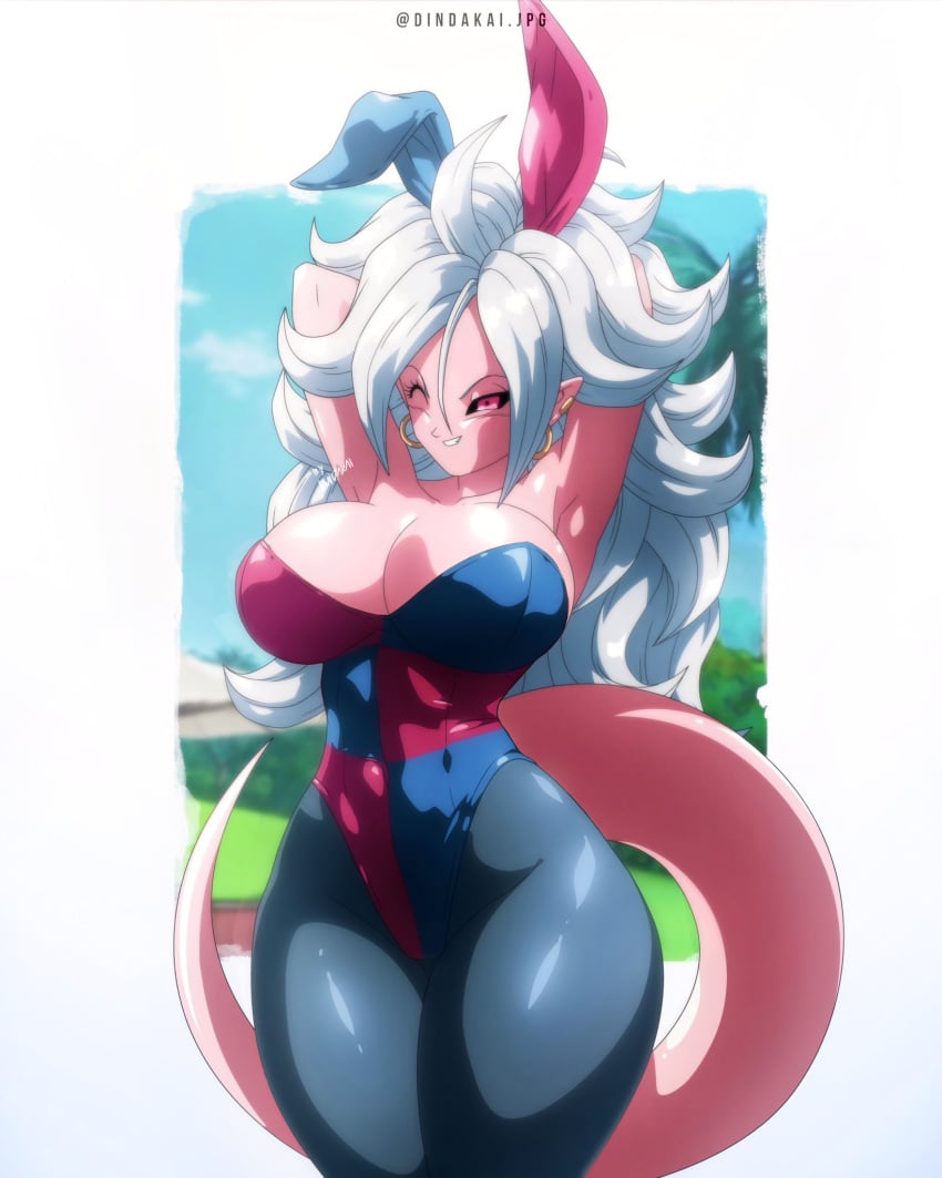 1girls android_21 areola_slip areolae_slip arms_above_head arms_behind_head arms_up big_breasts black_sclera breasts bunnysuit color colored dindakai dragon dragon_ball dragon_ball_fighterz dragon_ball_super dragon_ball_z earrings edit edited female female_only line_art long_hair majin_android_21 pink_body pink_eyes pink_skin solo solo_female solo_focus tail thick_thighs thighs third-party_edit watermark white_hair