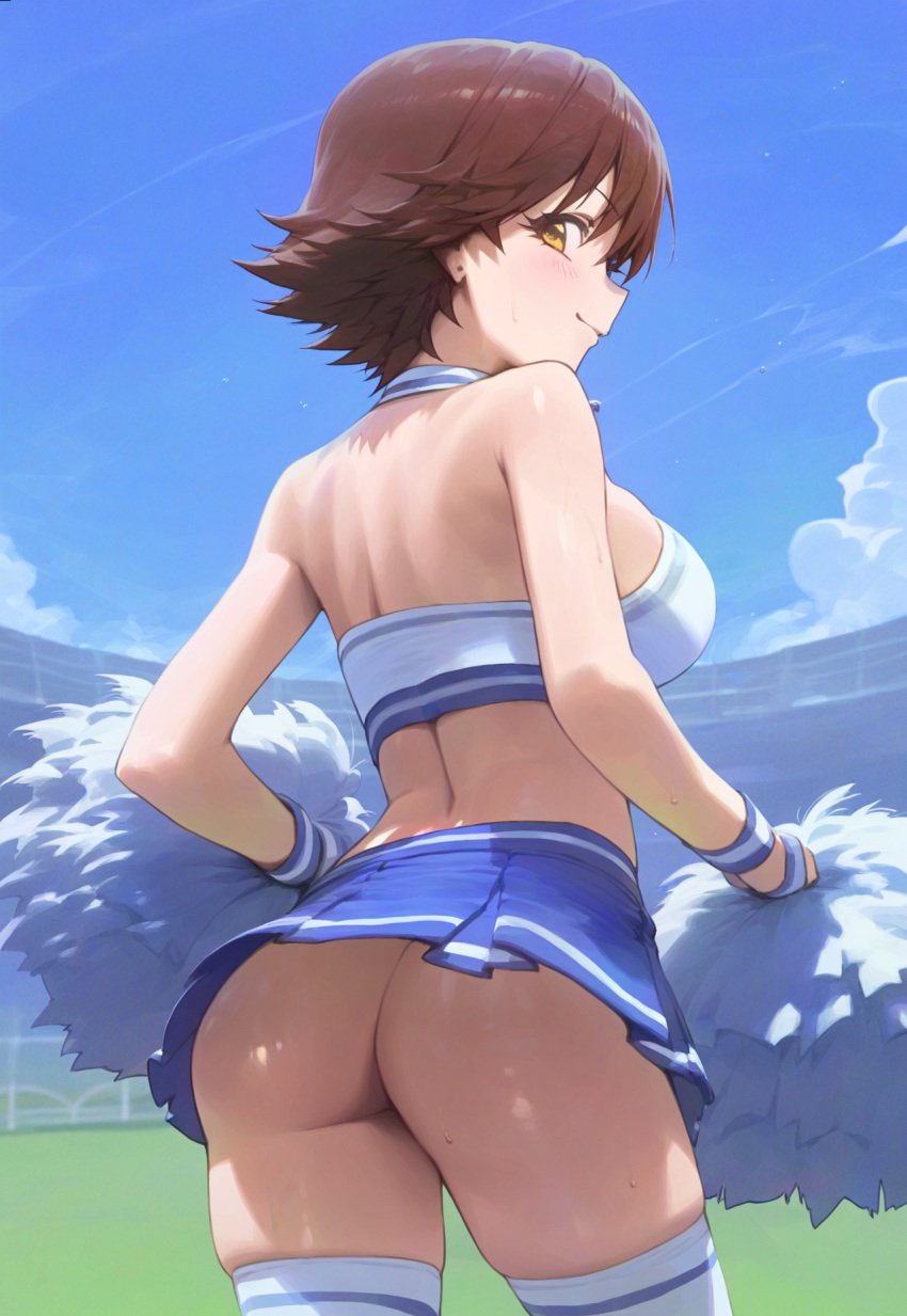 1female 1girls ai_generated ass back_view breasts brown_hair brown_hair_female cheerleader cheerleader_outfit cheerleader_uniform commentary_request english_commentary female female_only hi_res highres honda_mio idolmaster_cinderella_girls looking_at_viewer looking_back looking_back_at_viewer outdoors outside pom_poms rear_view short_hair short_hair_female solo very_high_resolution yellow_eyes yellow_eyes_female