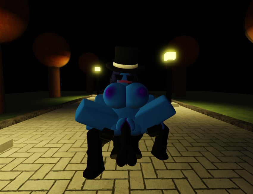 10hourburstman 1boy 1girls 3d big_breasts big_thighs black_skin blue_pussy blue_skinned_female blushing female gyatinator huge_breasts item_asylum large_thighs male nipples oc pussy railing roblox roblox_avatar roblox_game robloxian sophia_(gyatinator) tagme tophat