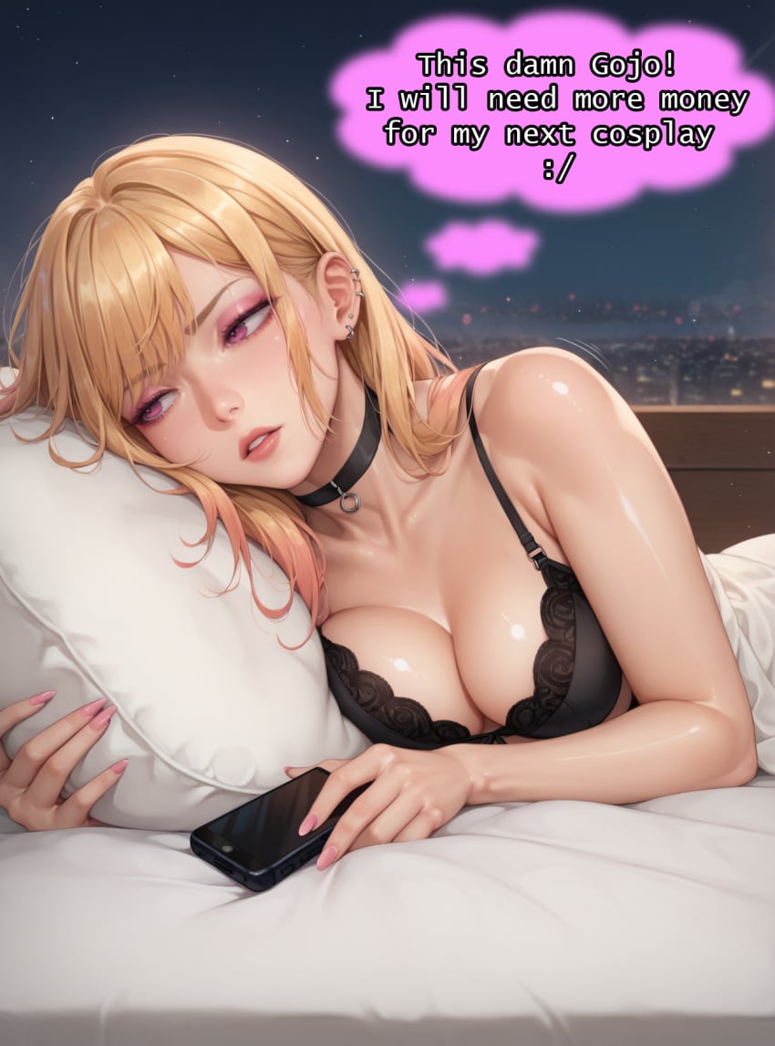 1girls ai_generated bitchy blonde_hair bra breasts choker dissappointed_look ear_piercing english_text female female_only human in_bed kitagawa_marin light-skinned_female light_skin lipstick makeup multicolored_hair night on_bed phone pillow pink_eyes solo sono_bisque_doll_wa_koi_wo_suru sweating table_diffusion text thought_bubble thoughts vooluxx