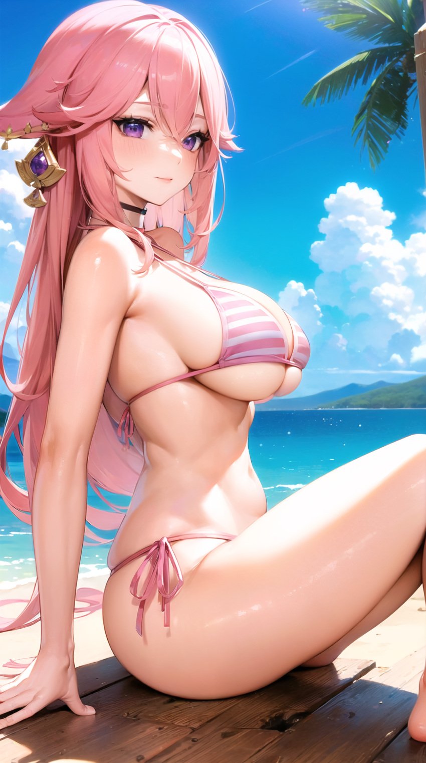 ai_generated animal_ears ass beach bikini breasts clouds earrings fox_ears genshin_impact hoyoverse long_hair ocean palm_tree pink_bikini pink_hair polege sea side_boob side_view sideboob sitting striped_bikini swimsuit thick_thighs thighs underboob violet_eyes yae_miko