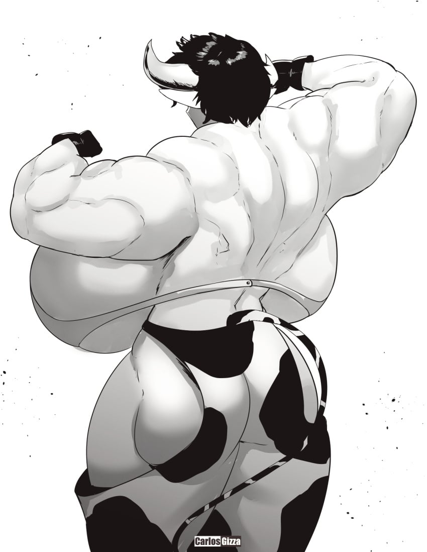 1girls ass backboob big_ass breasts carlosgizza cow_ears cow_girl cow_horns cow_print cow_tail female huge_breasts muscular muscular_female short_hair thighs