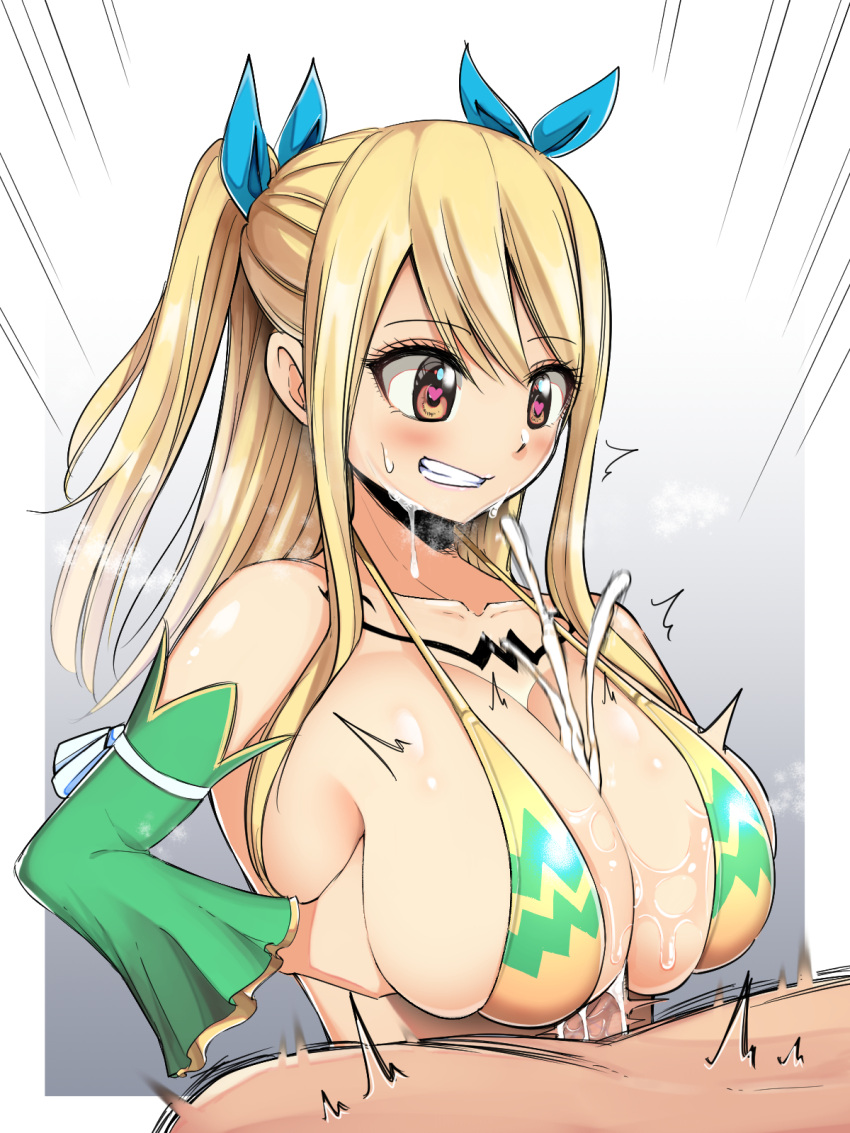 1boy bangs big_breasts bikini blonde_hair blue_ribbon blush body_markings border bouncing_breasts breast_squeeze breasts breath brown_eyes cleavage commentary_request cum cum_on_body cum_on_breasts detached_sleeves ejaculation eyebrows_visible_through_hair facial fairy_tail female grin hair_ribbon happy_facial heart heart-shaped_pupils highres large_breasts looking_at_another lucy_heartfilia motion_lines paizuri paizuri_under_clothes projectile_cum ribbon sakidesu sidelocks smile solo_focus straight strap_gap sweat swimsuit symbol-shaped_pupils teeth twitching_penis two_side_up wet white_border yellow_bikini