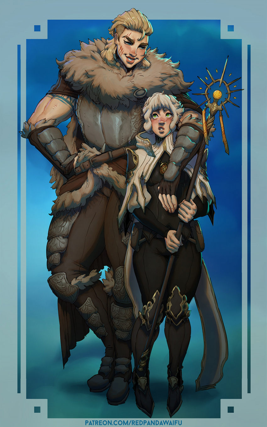 1boy 1girls arm_on_shoulder armor blonde_hair clothing dungeons_and_dragons female fur_collar green_eyes hi_res lukas_(vymira) male muscular muscular_female redpandawaifu revna_(vymira) scar scar_on_cheek scar_on_face smaller_male smiling staff taller_girl viking viking_female white_hair