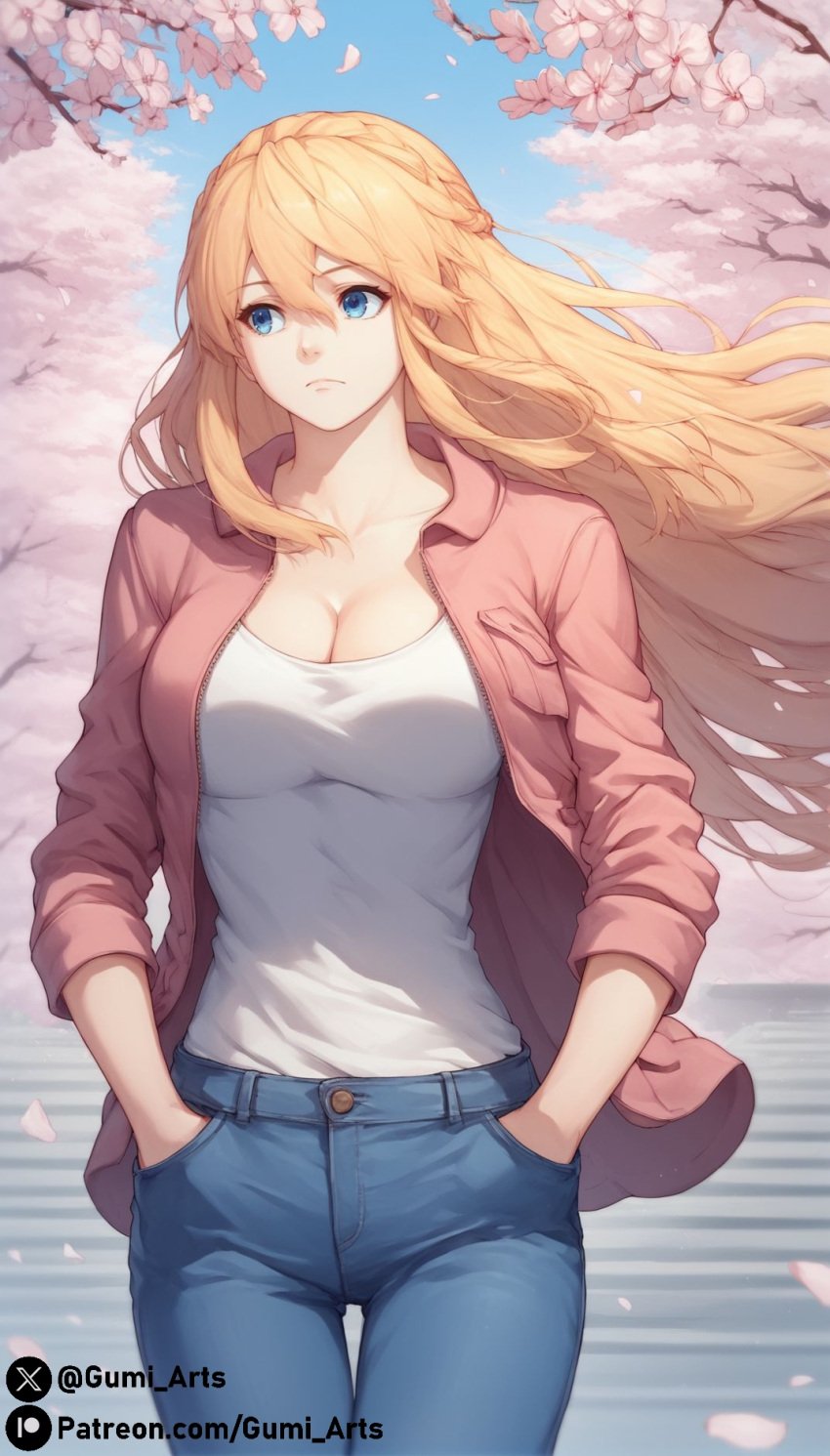 ai_generated blonde_hair blue_eyes cherry_blossoms cleavage gumi_arts hair_braid hand_in_pocket jacket jeans large_breasts long_hair looking_at_another open_jacket outdoors quanzhi_gaoshou shirt stable_diffusion su_mucheng the_king's_avatar thick_thighs wind