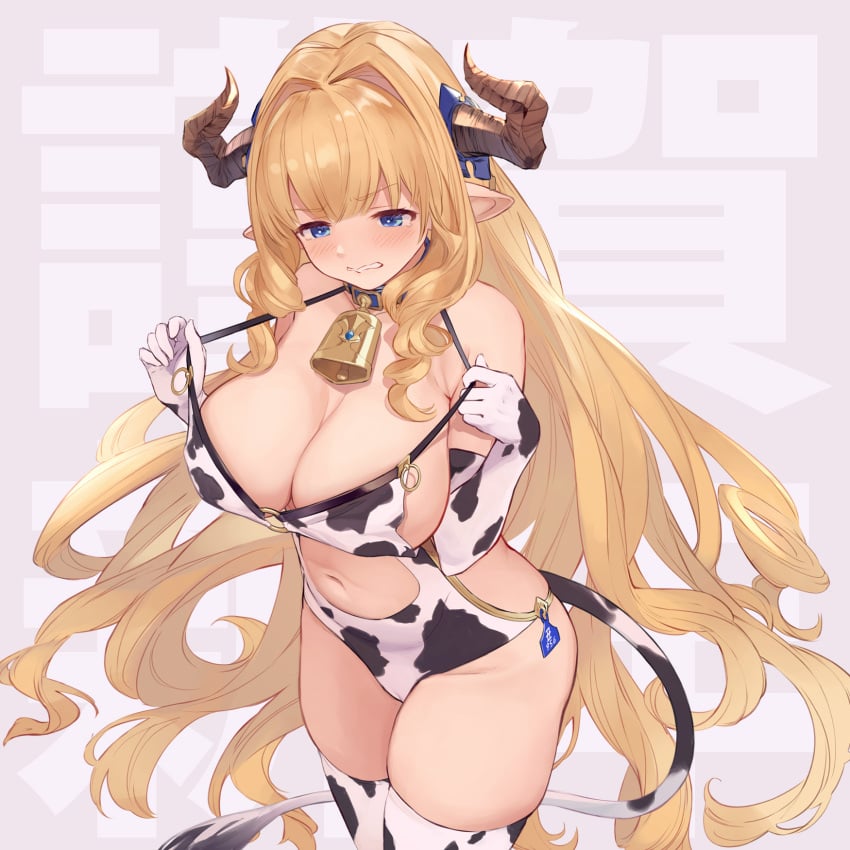 1girls blonde_hair blue_eyes blush breasts cleavage cow_bell cow_bikini cow_print cow_tail cowkini draph_race_(granblue_fantasy) embarrassed female female_only granblue_fantasy horns japanese_text large_breasts long_hair partially_visible_vulva pointy_ears razia razia_(granblue_fantasy) solo supertie tears year_of_the_ox