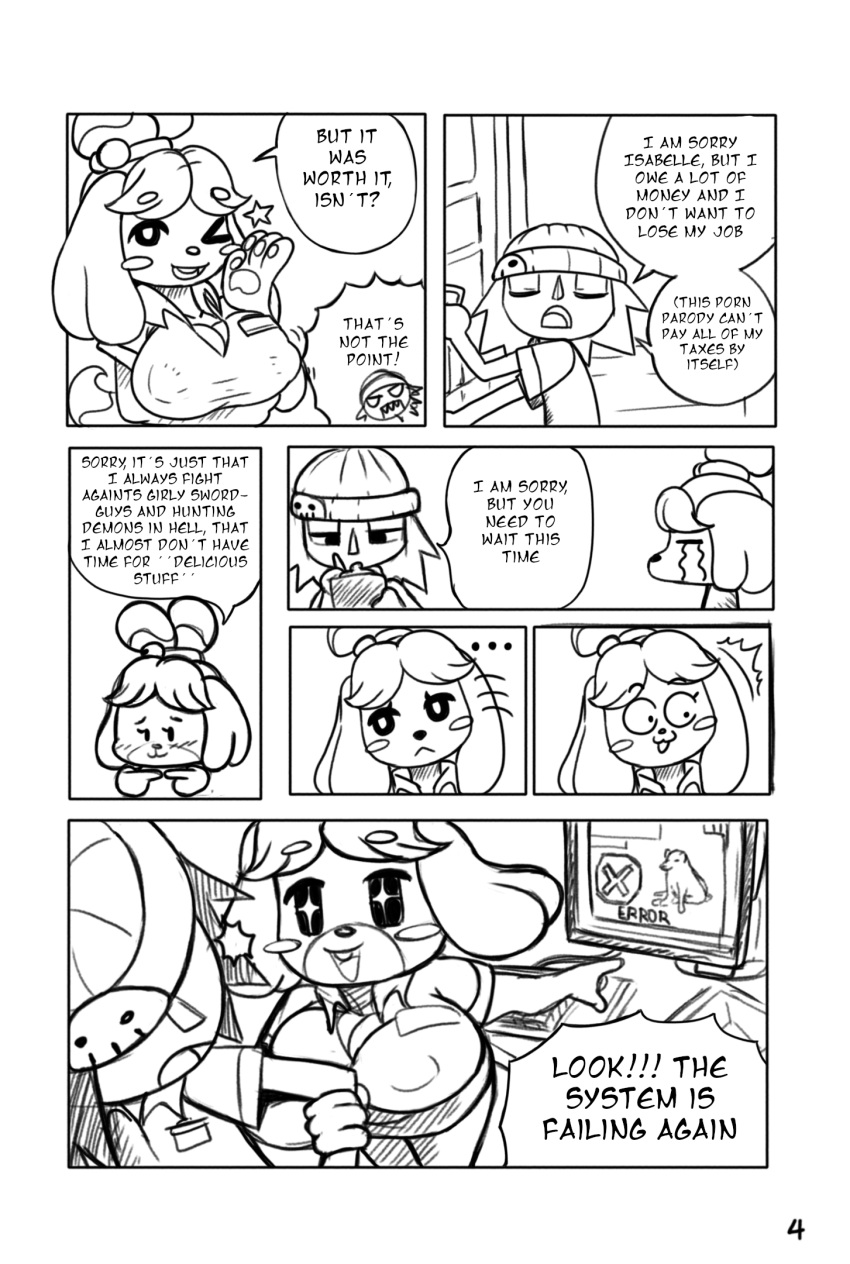 animal_crossing anthro big_breasts blush bodily_fluids breasts canid canine canis cheems cleavage clothed clothing comic dialogue domestic_dog english_text female hi_res human ichduhernz isabelle_(animal_crossing) male mammal monochrome nintendo nipple_outline page_4 tears text video_games