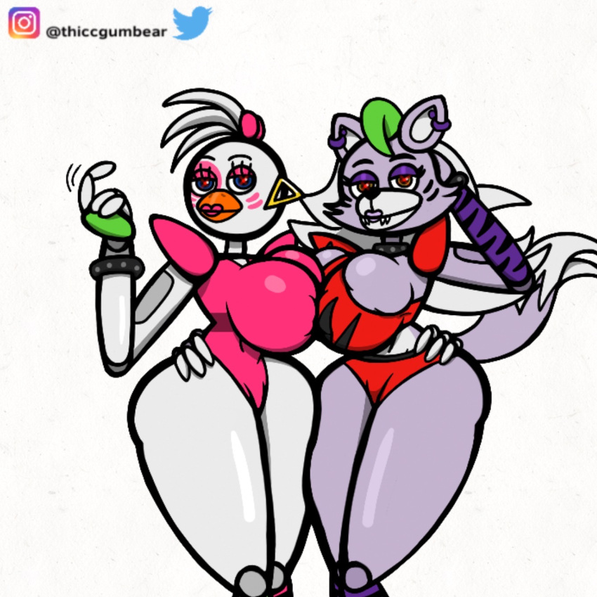 2girls animatronic big_ass big_breasts big_butt big_nipples bow breast_squeeze chicken choker crop_top ear earrings eyebrows eyelashes female five_nights_at_freddy's five_nights_at_freddy's:_security_breach gauntlets glamrock_chica_(fnaf) glowing glowing_eyes gray_body green_eyes grey_skin lips lipstick multiple_girls piercing red_eyes robot robot_girl roxanne_wolf_(fnaf) shaded shorts shoulder_pads spiked_bracelet spiked_collar swimsuit thiccgumbear thighs white_body white_fur white_hair wide_hips wide_thighs wolf wolf_ears wolf_tail