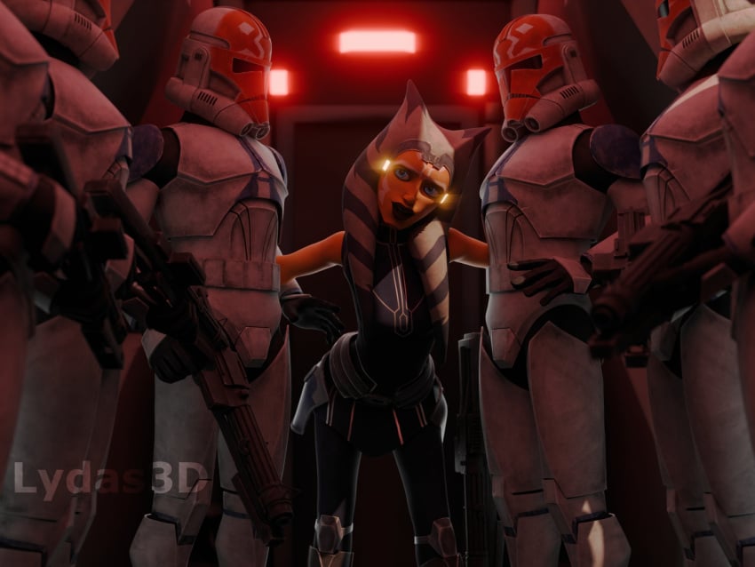 1girls 3d 3d_(artwork) ahsoka_tano alien_girl alien_humanoid clone_trooper clone_wars female female_focus lydaz male multiple_boys orange_body orange_skin star_wars togruta