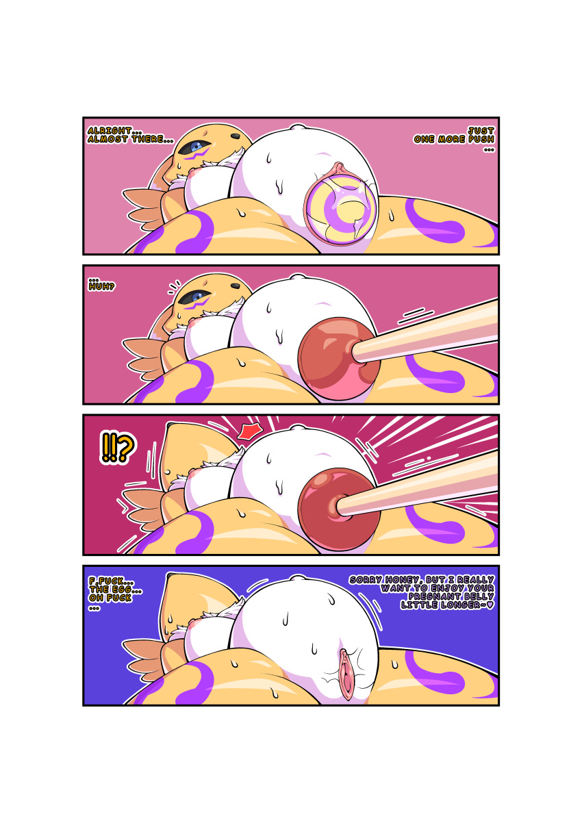 absurd_res bandai_namco big_belly birth blocked_birth bodily_fluids breasts comic csmchltjdals digiegg digimon digimon_(species) egg egg_insertion egg_laying female genitals hi_res plunger pr-egg-nant pregnant pregnant_female pussy renamon solo sweat text