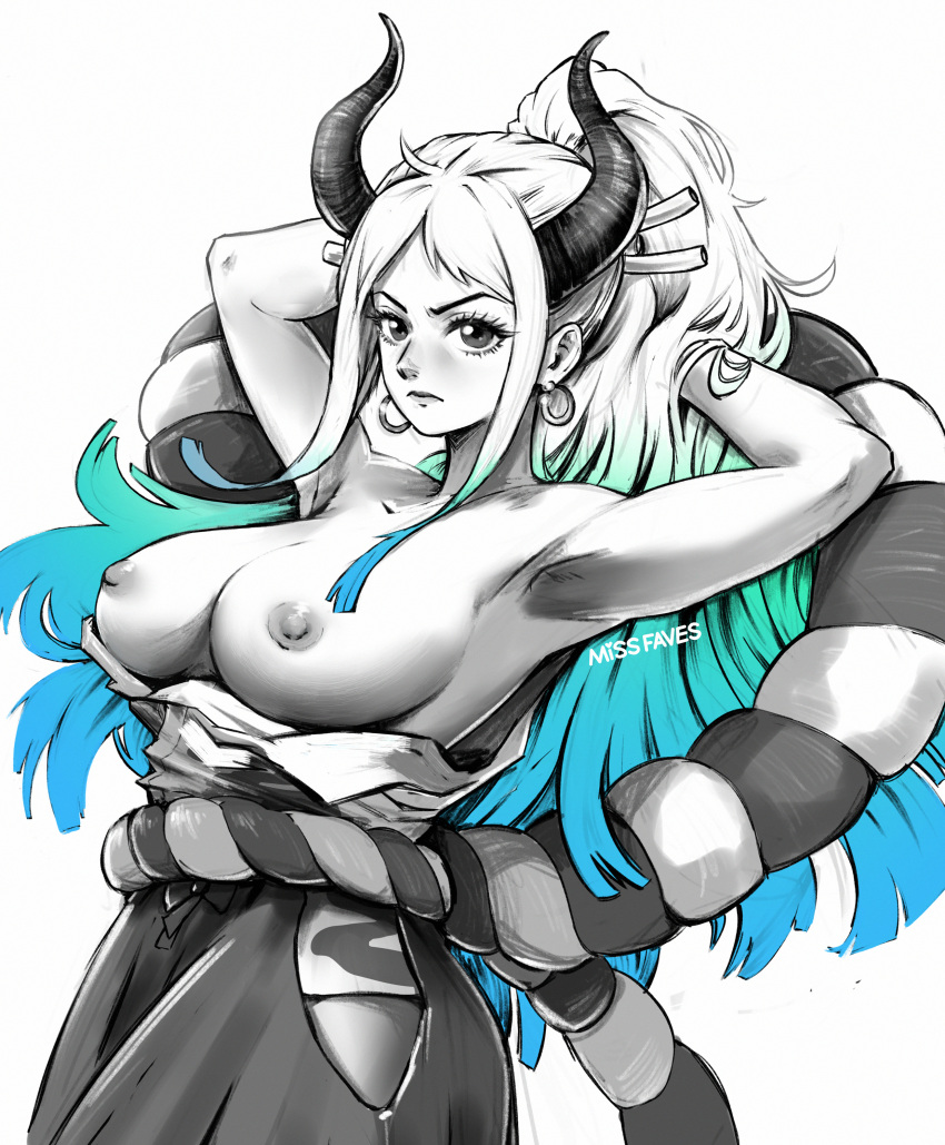 1girls armpits arms_behind_head big_breasts breasts female female_only fixing_hair hakama horns missfaves one_piece oni oni_female oni_horns pale_skin pale_skinned_female sideboob solo spot_color topless yamato_(one_piece) youkai