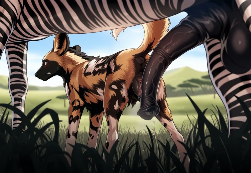 african_wild_dog ai_generated anatomically_correct anatomically_correct_genitalia animal_genitalia animal_penis animal_pussy anus ass balls bodily_fluids canid canine canine_pussy detailed detailed_background detailed_fur director_firewolf duo equid equine equine_penis female feral feral_on_feral fur genital_fluids genitals grass hi_res imminent_sex looking_back male male/female mammal mottled mottled_body mottled_fur novelai outside penis plant precum presenting presenting_hindquarters pussy pussy_juice raised_tail savanna size_difference striped_body striped_fur stripes tree worried zebra