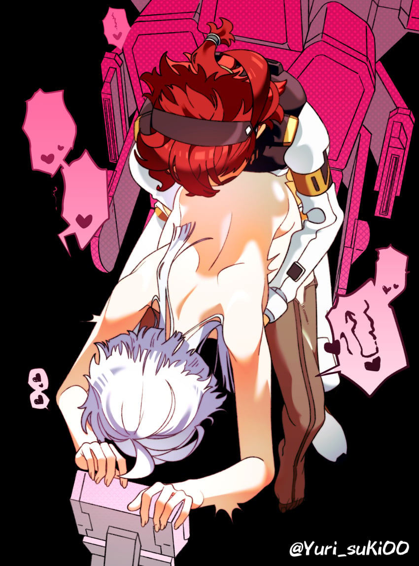 1futa 1girls absurdres ass back bent_over black_background bottomless canon_couple clothed clothing duo female futa_on_female futa_with_female futanari gundam gundam_suisei_no_majo heart highres human implied_futanari light-skinned_female light-skinned_futanari light_skin miorine_rembran mostly_clothed multiple_girls nude pilot_suit ponytail red_hair sex short_hair spoken_heart standing suletta_mercury white_hair wife_and_wife yurisuki00