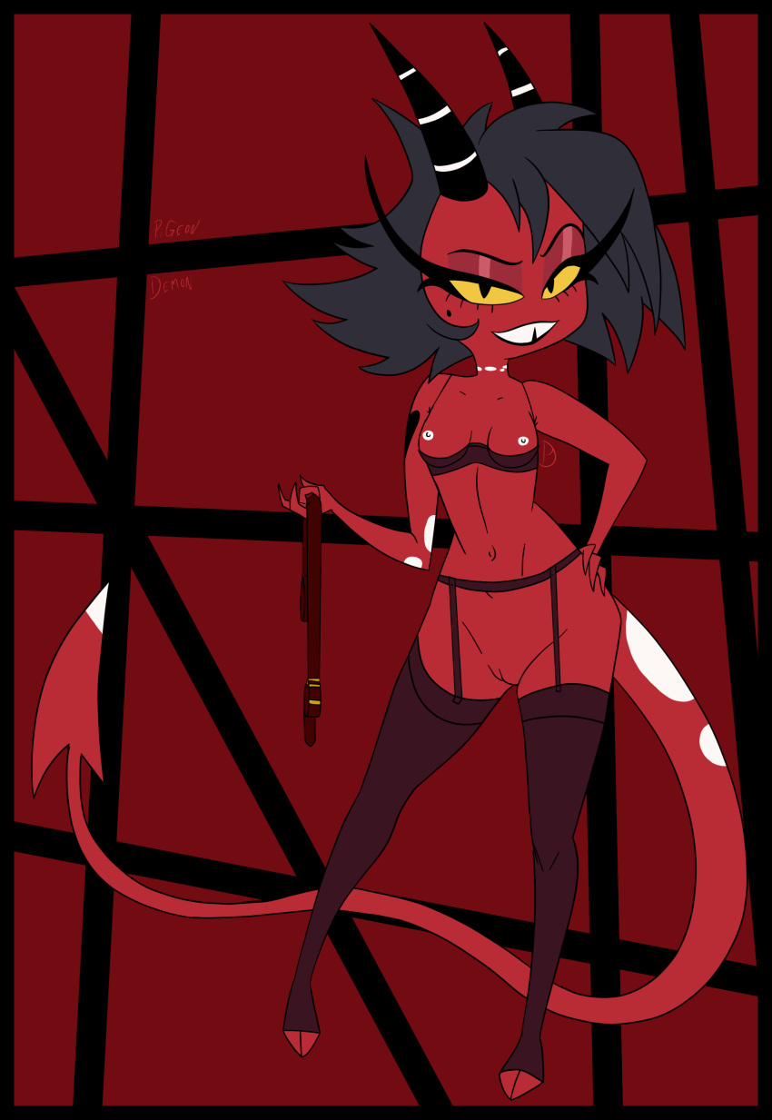 beauty_mark belt black_hair demon demon_girl demon_tail female helluva_boss horns imp millie_(helluva_boss) naughty_face pigeon_demon red_body red_skin short_hair smile solo standing tail teeth yellow_eyes yellow_sclera