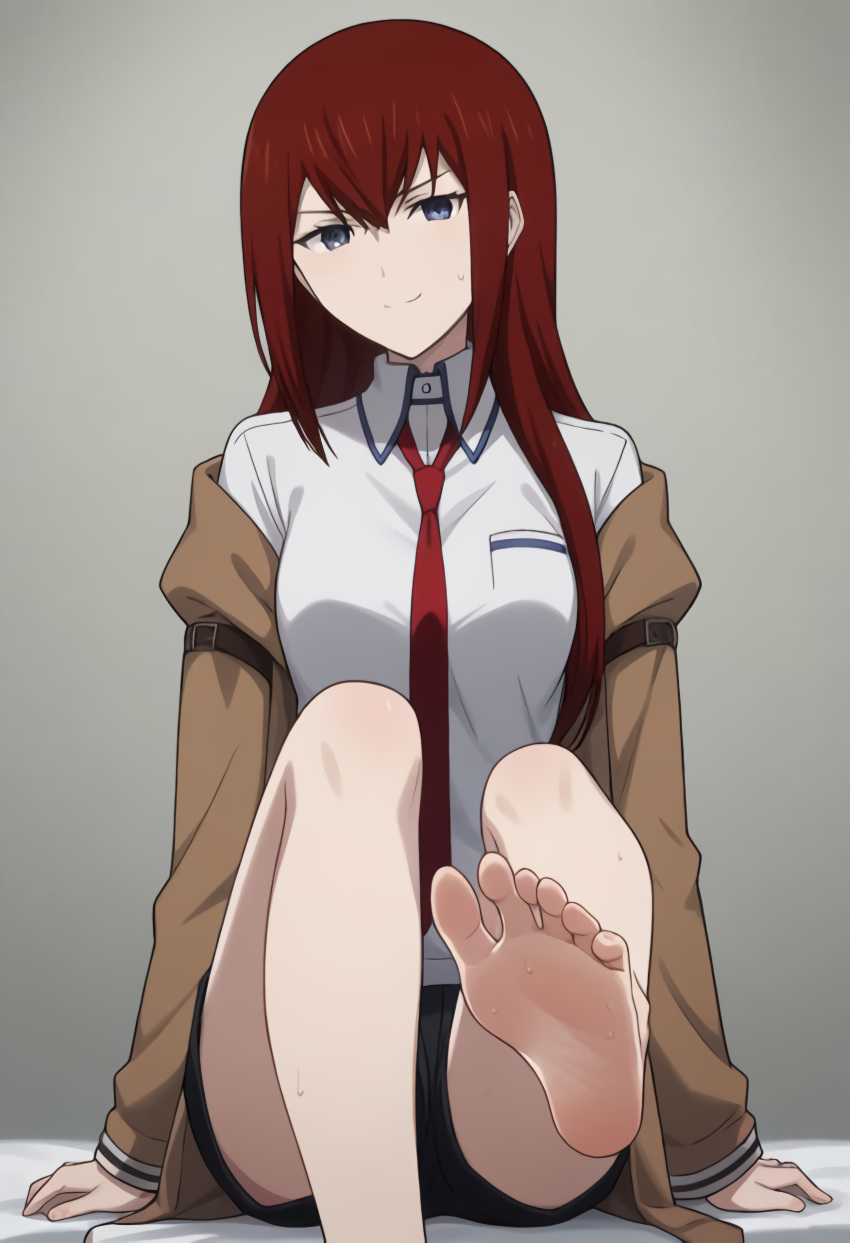 ai_generated anon3141s barefoot blue_eyes feet feet_focus foot_fetish fully_clothed makise_kurisu red_hair smug steins;gate sweat sweatdrop teasing toes