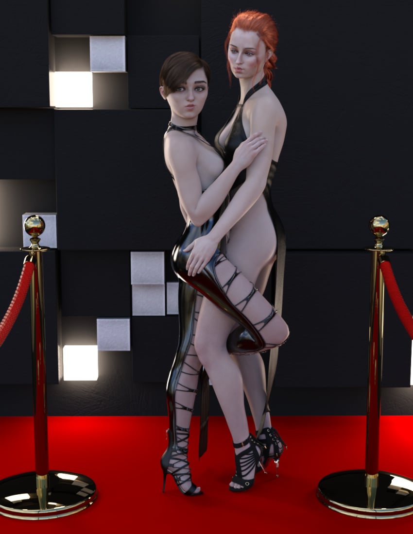 2girls 3d 3d_(artwork) arya_stark braid celebrity daz3d daz_3d daz_studio female female_only game_of_thrones height_difference high_heels human human_only light-skinned_female light_skin maisie_williams multiple_girls open_toe_shoes pin3d posing red_hair sansa_stark seductive_pose sophie_turner tall_female yuri