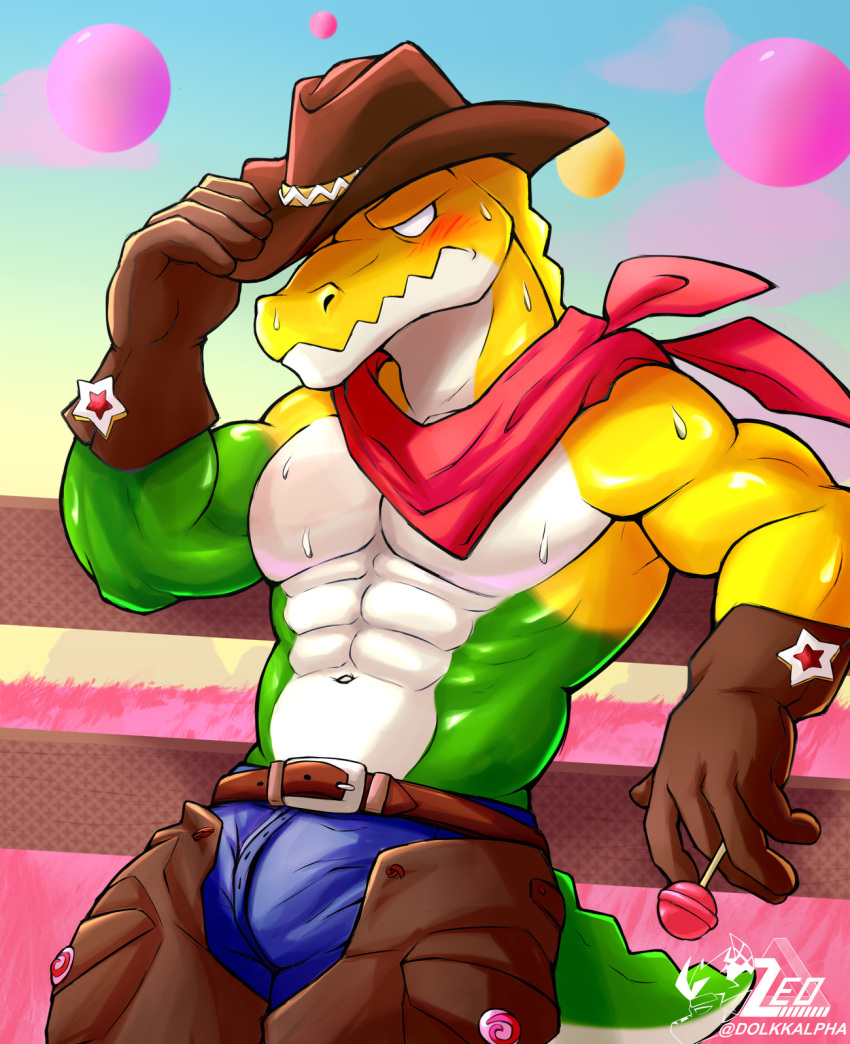 2024 abs anthro anthro_focus anthro_only anthro_solo bara barazoku big_bulge big_muscles bulge bulge_through_clothing candy crocodile crocodilian crocodylid digital_drawing_(artwork) digital_media_(artwork) fingerless_gloves gloves gummigoo_(the_amazing_digital_circus) gummy_(food) gummy_creature handkerchief hat headgear headwear living_candy living_food male male_anthro male_focus male_only muscle muscles muscular muscular_anthro muscular_male nipples pants pecs pectorals penis_outline smile smiley_face smiling solo solo_anthro solo_focus solo_in_panel solo_male the_amazing_digital_circus weapon zeo_helvein