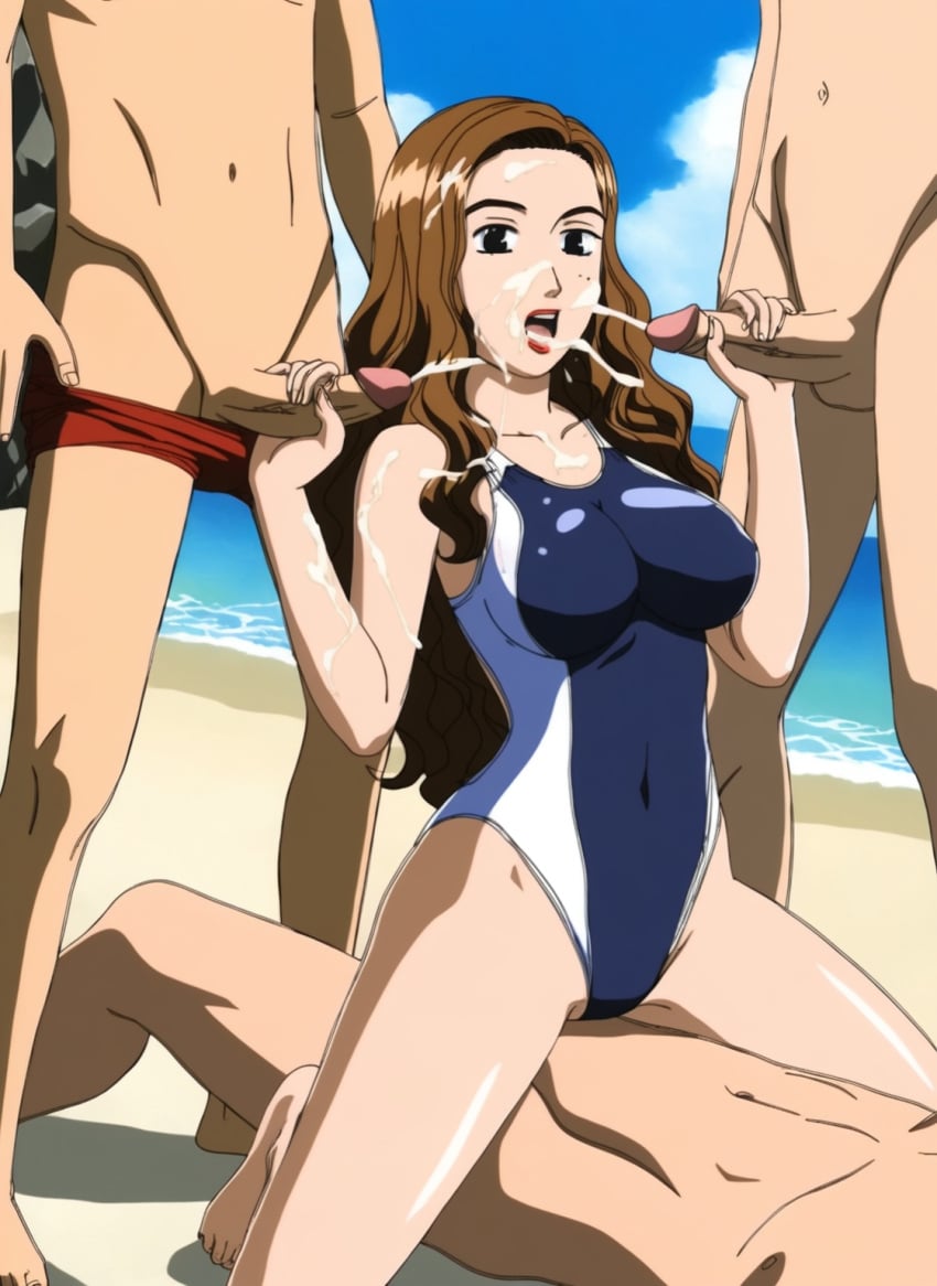 1girls 3boys ai_generated beach brown_hair cowgirl_position cum cum_on_body double_handjob group_sex initial_d looking_at_another medium_breasts nude_male one-piece_swimsuit sayuki sayuki_(initial_d) wavy_hair