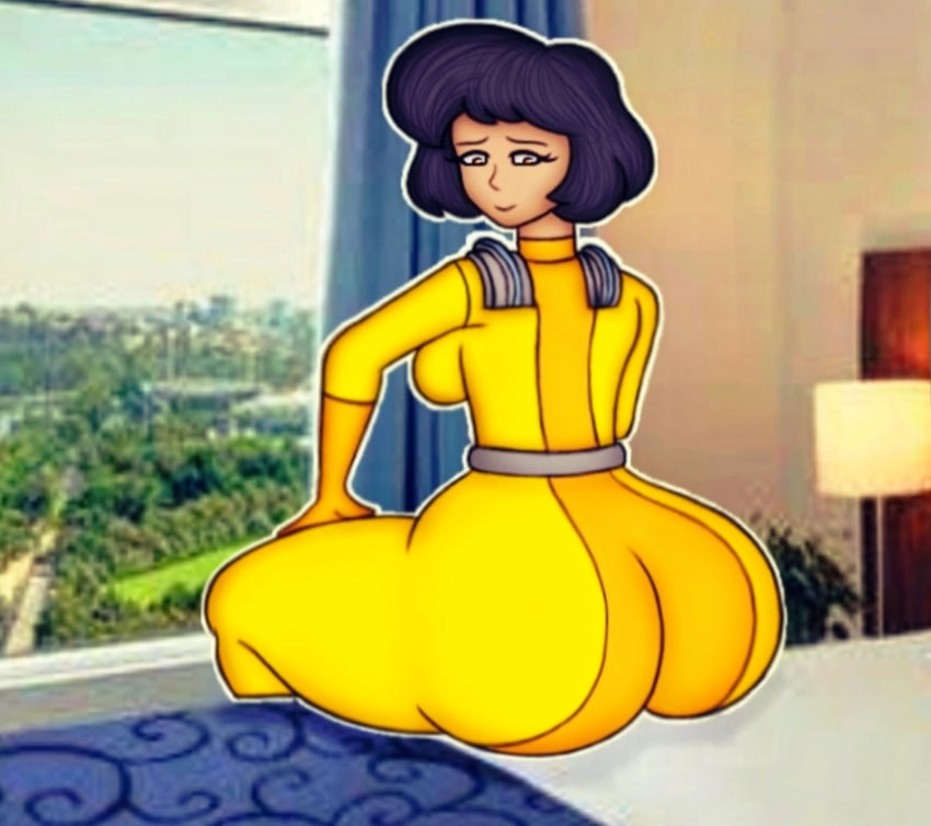 1girls alex_(totally_spies) angelindieart14 big_ass big_butt brown_eyes brown_eyes_female female female_only happy huge_ass nervous orange_gloves purple_hair short_hair short_hair_female sitting sitting_on_bed solo solo_female totally_spies yellow_suit