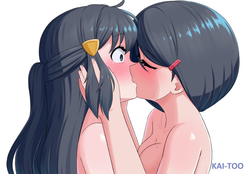 2girls blush dawn_(pokemon) eyes_closed female_only game_freak grabbing_head hairclip incest johanna_(pokemon) kai-too kissing mother_and_daughter nintendo pokemon pokemon_dppt sweat sweatdrop yuri