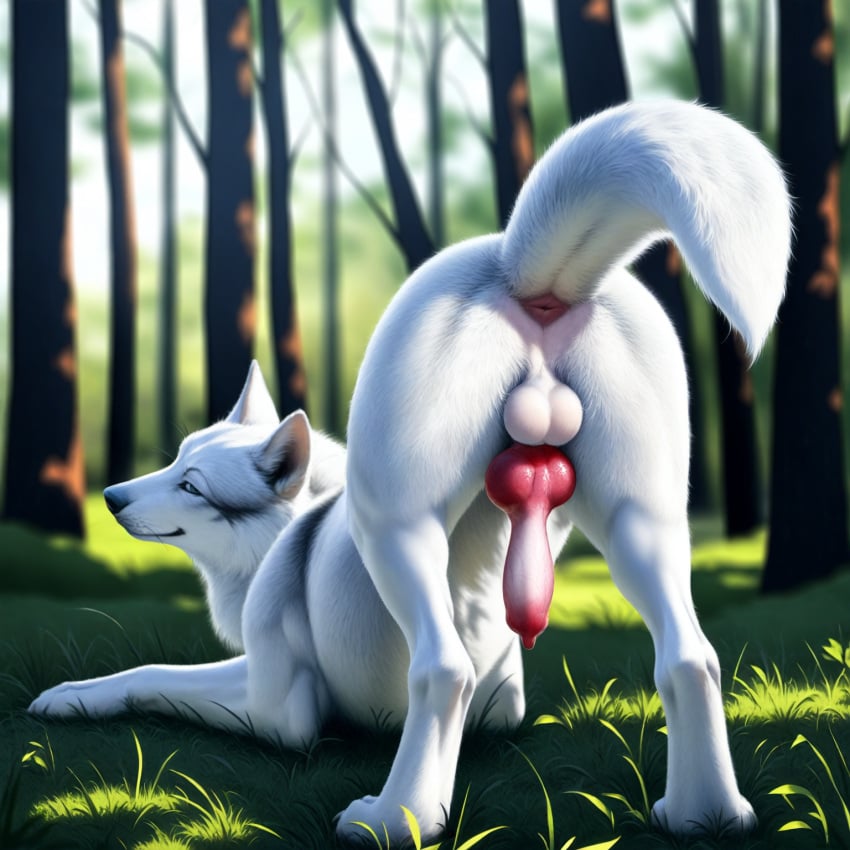 ai_generated anatomically_correct anatomically_correct_genitalia animal_genitalia animal_penis anus ass ass_up balls canid canine canine_penis canis claws detailed detailed_background detailed_fur director_firewolf feral feral_only forest fur genitals grass hi_res knot looking_at_viewer looking_back looking_back_at_viewer male male_only mammal novelai outside paws penis photorealism plant presenting presenting_hindquarters raised_tail realistic realistic_fur seductive solo toe_claws tree white_body white_fur wolf