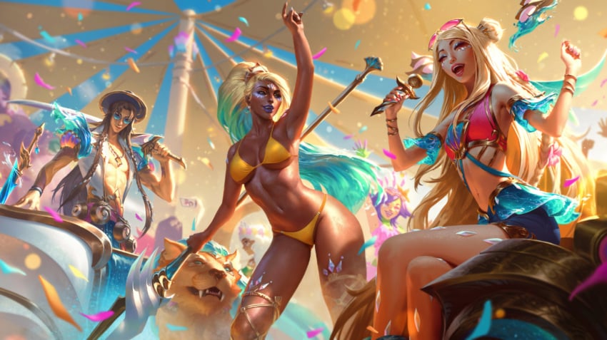 1boy 2girls bikini bikini_bottom bikini_top dark-skinned_female dark_skin edit edited female league_of_legends light-skinned_female light_skin male nidalee ocean_song_nidalee ocean_song_seraphine ocean_song_yone official_art official_artwork_edit pool_party_series richtofen riot_games seraphine_(league_of_legends) yellow_bikini yellow_bikini_bottom yellow_bikini_top yone