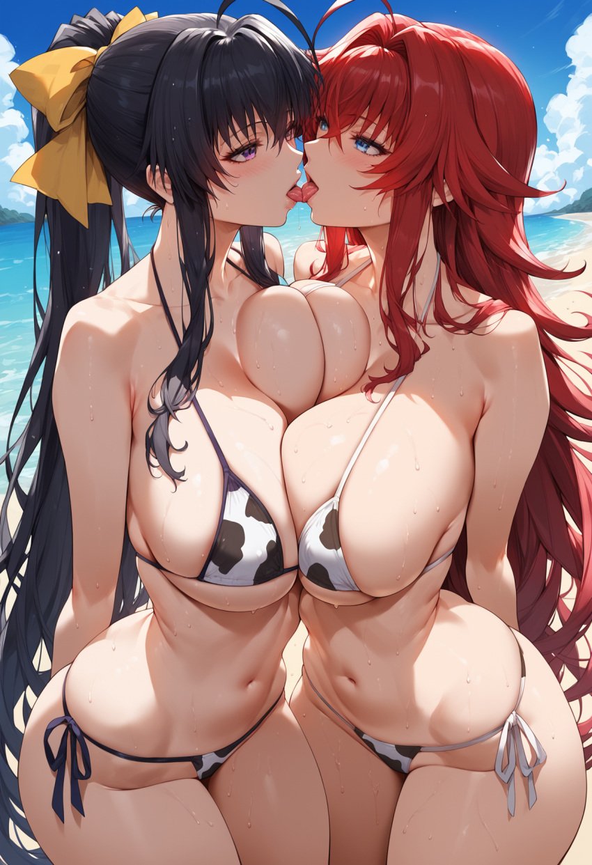 2girls ahoge ai_generated akeno_himejima beach bikini black_hair blue_eyes bombacopta cow_bikini cow_print french_kiss high_school_dxd huge_breasts kissing ponytail purple_eyes red_hair rias_gremory ribbon skinny yuri