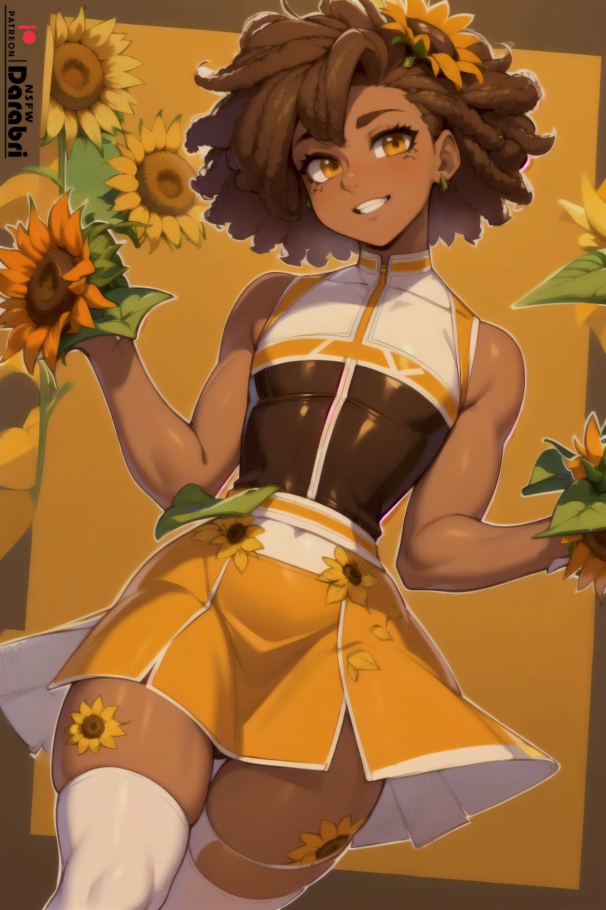 1boy abstract_background afro ai_generated bare_shoulders braided_hair brown_body brown_skin curly_hair cute darabri dark_male_only dark_skin dress femboy feminine_male flower_in_hair girly happy latina logo orange_blossom otoko_no_ko patreon patreon_logo pov pov_eye_contact skirt smile stockings sunflower thick_thighs toned trap