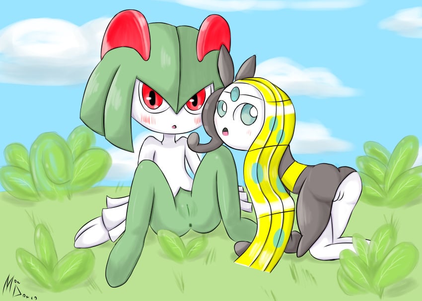 absurd_res anus ass blush female generation_3_pokemon generation_5_pokemon genitals grass hi_res kirlia legendary_pokemon looking_at_viewer meloetta mondongo nintendo nude open_mouth outside plant pokemon pokemon_(species) pussy spread_legs spreading