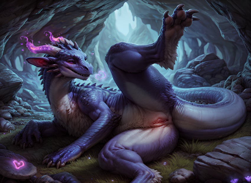 ai_generated bedroom_eyes blue_body blue_scales breath_powers cave cerinil dragon female feral fur furred_dragon genitals glowing glowing_horn heart hi_res horn lying narrowed_eyes on_side presenting pussy raised_leg scales scalie seductive solo spread_legs spreading