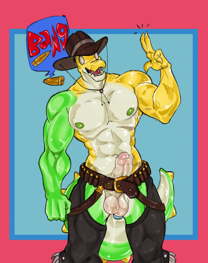 anthro anthro_only balls belt big_balls big_pecs big_penis bodily_fluids bottomwear bottomwear_down candy clothed clothing cocodrilo cowboy cowboy_hat crocodile crocodilian dessert dripping erection food food_creature gay genital_fluids genitals gloves gummigoo_(the_amazing_digital_circus) gummy_(food) gummy_creature handwear hat headgear headwear hi_res living_candy long_penis looking_down male male_focus male_only muscular muscular_male nude nude_male open_belt pants pants_down partially_clothed pecs penis poking_out precum precum_drip presenting_balls presenting_penis reptile scalie solo solo_male the_amazing_digital_circus vein veiny_penis