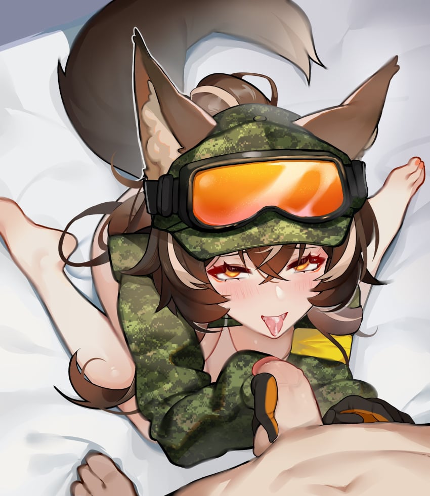 absurdres after_fellatio animal_ears armband blush breasts brown_hair callisto_(greyeth) camouflage commission cum cum_in_mouth digital_camouflage female flaccid fox_ears fox_tail highres looking_at_viewer multicolored_hair ninai original penis smug streaked_hair tail tongue tongue_out yellow_armband