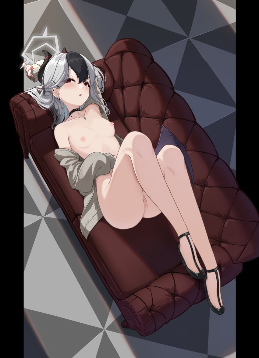 absurdres anus ass black_choker black_footwear black_hair black_horns blue_archive blush breasts choker collarbone couch demon_horns demon_wings female grey_hair grey_halo grey_jacket hair_between_eyes halo high_heels highres horns jacket kayoko_(blue_archive) kayoko_(dress)_(blue_archive) long_hair long_sleeves lying multicolored_hair nabe_san nipples on_back open_clothes open_jacket parted_lips purple_wings pussy red_eyes single_wing small_breasts solo wings