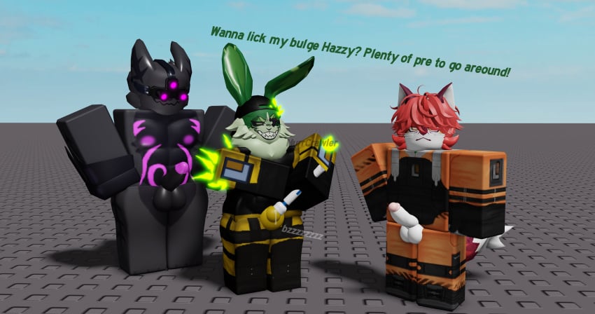 3d bulge clothing erection gay gootraxian hands_on_hips hazzy_(kaiju_paradise) kaiju_paradise looking_bored murrcrawler muscular nightcrawler_(kaiju_paradise) nuclear_rabbit_(kaiju_paradise) precum roblox roblox_game robloxian self_upload tagme trio twink vibrator