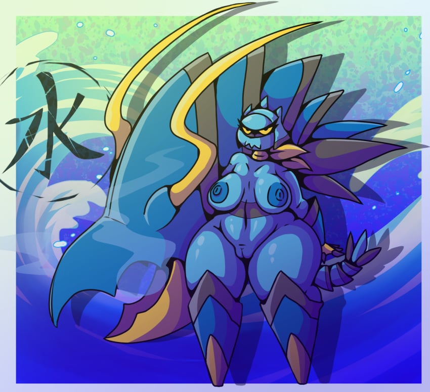 abstract_background anthro anthrofied arthropod blue_body clawitzer claws crustacean female generation_6_pokemon genitals hi_res iguanasarecool nintendo pokemon pokemon_(species) pokemorph pussy tail thick_thighs wide_hips yellow_eyes