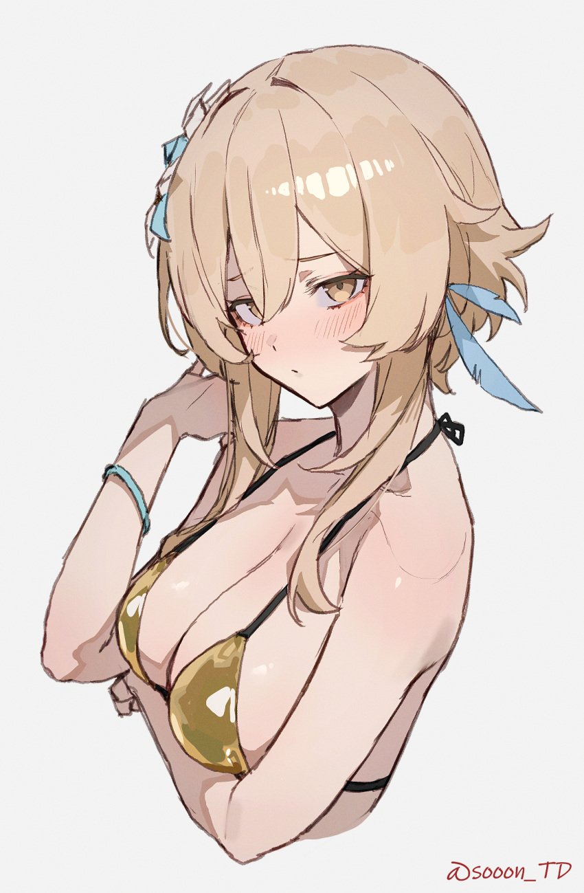 1girls absurd_res absurdres arm_under_breasts bare_arms bare_shoulders bare_skin bikini bikini_only bikini_top blonde_female blonde_hair blonde_hair blonde_hair_female blush blush blush_lines blushing_female breasts breasts cleavage dot_nose elbows female female_focus female_only fingers flower flower_in_hair frown frowning genshin_impact golden_bikini golden_bikini_top golden_string_bikini golden_swimsuit golden_swimwear hair_between_eyes head_tilt high_resolution highres light-skinned_female light_skin looking_at_viewer lumine_(genshin_impact) medium_breasts medium_hair naked naked_female nude nude_female short_hair shoulders sideboob simple_background solo sooon string_bikini swimsuit swimwear tilted_head upper_body white_background yellow_eyes yellow_eyes_female