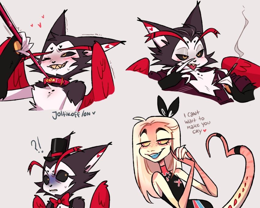 anthro blush flirting hazbin_hotel heart husk_(hazbin_hotel) joltikon leash leash_pull oc red_wings tail wings