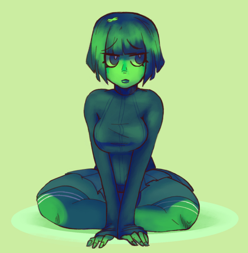 1girls character_request female female_only green_hair green_theme looking_away peachmilks short_hair sitting solo t-gotchi