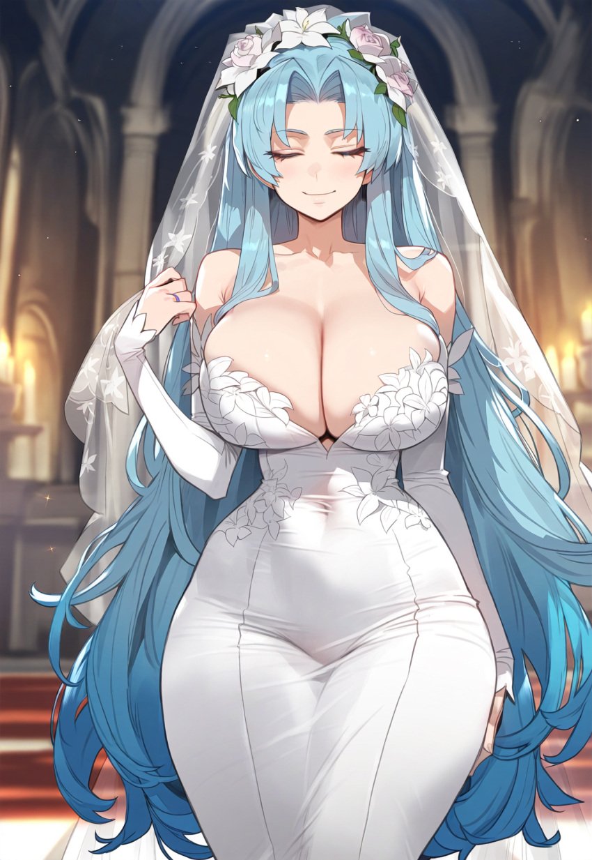 1girls ai_generated angela_(lobotomy_corporation) artstyle_imitation blue_hair breasts female floox hi_res high_resolution hips huge_breasts lobotomy_corporation long_hair naughty_face project_moon stable_diffusion thiccwithaq_(ai_style) thick_thighs thighs wedding_dress wide_hips