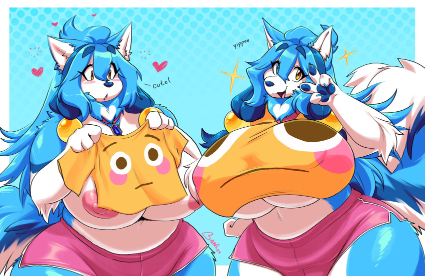 1girls 4:3 absurd_res accessory alaskan_malamute amber_eyes anthro areolae baniflakes bent_over big_breasts blue_body blue_fur blue_hair blue_nose blush breasts breasts_bigger_than_head canid canine character_request clothing crop_top digital_media_(artwork) domestic_dog english_text eyebrows_visible_through_hair eyelashes female female_focus female_only flushed_emoji_shirt fur furry heart hi_res huge_breasts inner_ear_fluff jewelry looking_at_viewer mammal meme meme_attire meme_clothing motion_lines nipples open_mouth original posing raised_tail solo tagme thick_thighs three-quarter_portrait v_sign voluptuous yellow_eyes